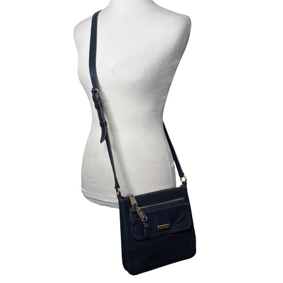 Cole Haan Crossbody Bag Blue Leather Purse Gold Accent - Picture 1 of 7